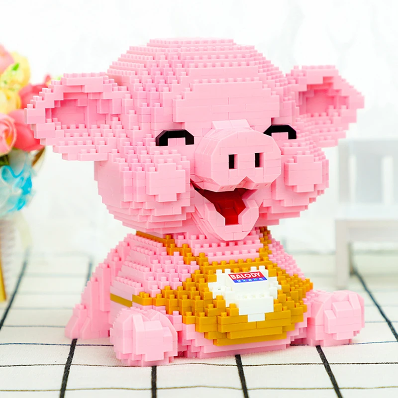 

Toy for Children Animal World Pink Smile Pig Piggy Sit Pet Doll 3D Model DIY Mini Diamond Blocks Bricks Building