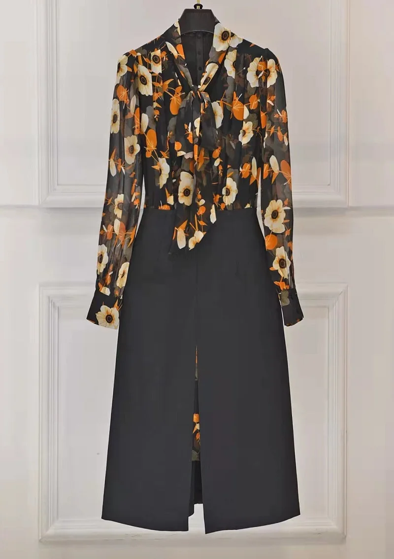 

Женское облегающее платье с бантом на воротнике, винтажное Цветочное платье составного кроя с длинным рукавом и разрезом, 3XL, весна 2023