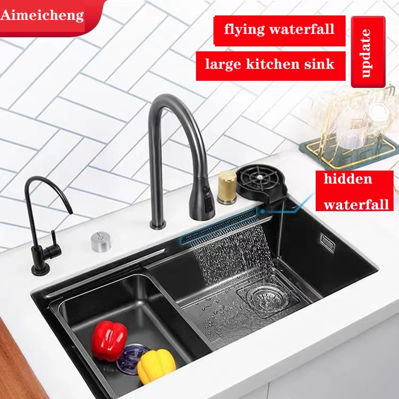 

Japanese style Invisible Waterfall Understage large single sink Nano 304 stainless Steel vegetable washing Basin Cup sink