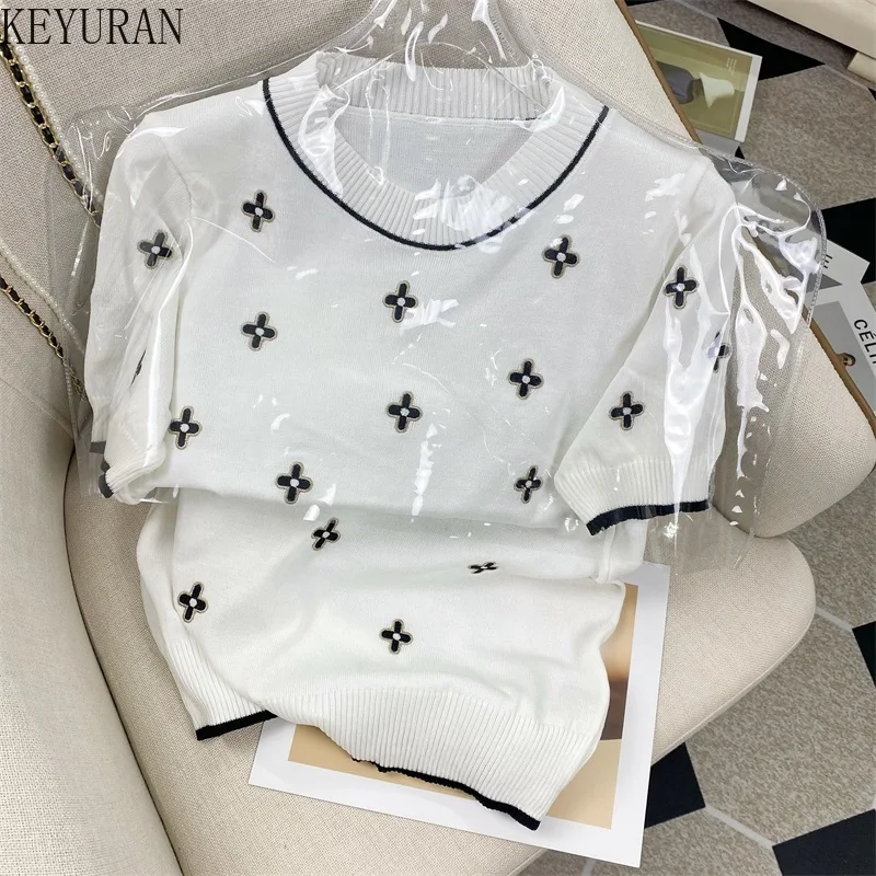 

Knitted T-shirt Women 2022 Summer New O-neck Pullover Flower Knitwear Tops Casual Loose Short-sleeved Sweater Sueters De Mujer