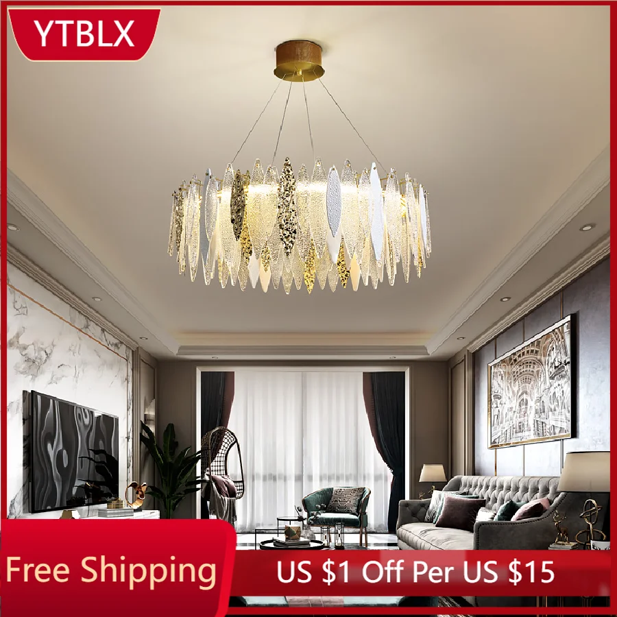 

Postmodern Leaf Design Crystal Pendant Lamp Interior Decor Hanging Light Luxury Chandelier For Living Room Dining Hall Bedroom