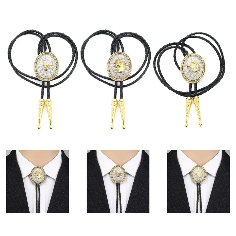 

652F Adjustable Bolo Tie Popular Western Cowboy Teens Men Women Dance Necktie Gothic Shirts Carved Animal Buckle Pendant