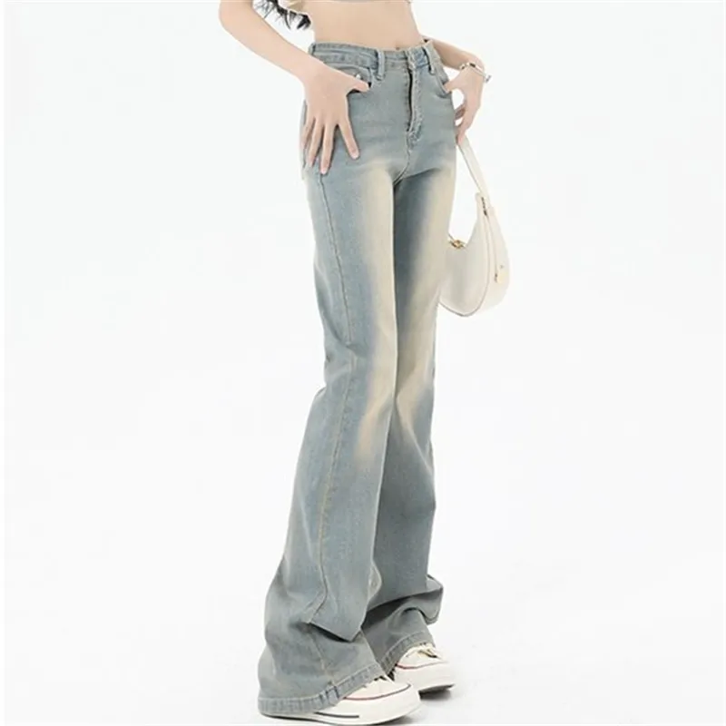 

Джинсы женские расклешенные, Винтажные эластичные брюки-клеш на пуговицах, с завышенной талией и карманами, простая Женская одежда, ZM119, весна-лето