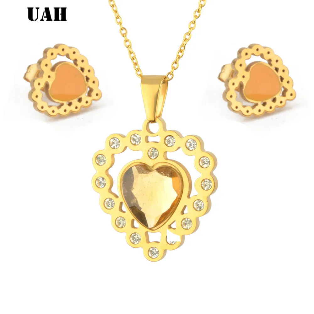 UAH Новые серьги из нержавеющей стали в форме сердца с кристаллами ожерелье