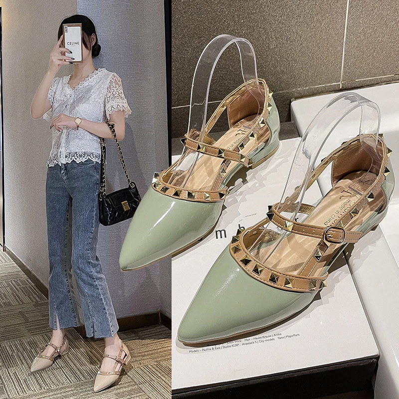 

Brand Women Shoes Pointed Toe Low Heels Sandals Women Fashion Rivet Causal Dress Shoes Woman Elegant Thick Heels Shoes Heels