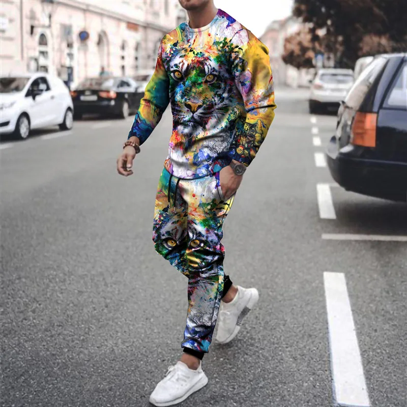 

Spring Thin Section Men's Sports Suit Training T-shirt and Pants 2 Piece Set Color Animal 3D Print Long Sleeve Sportswear Sets