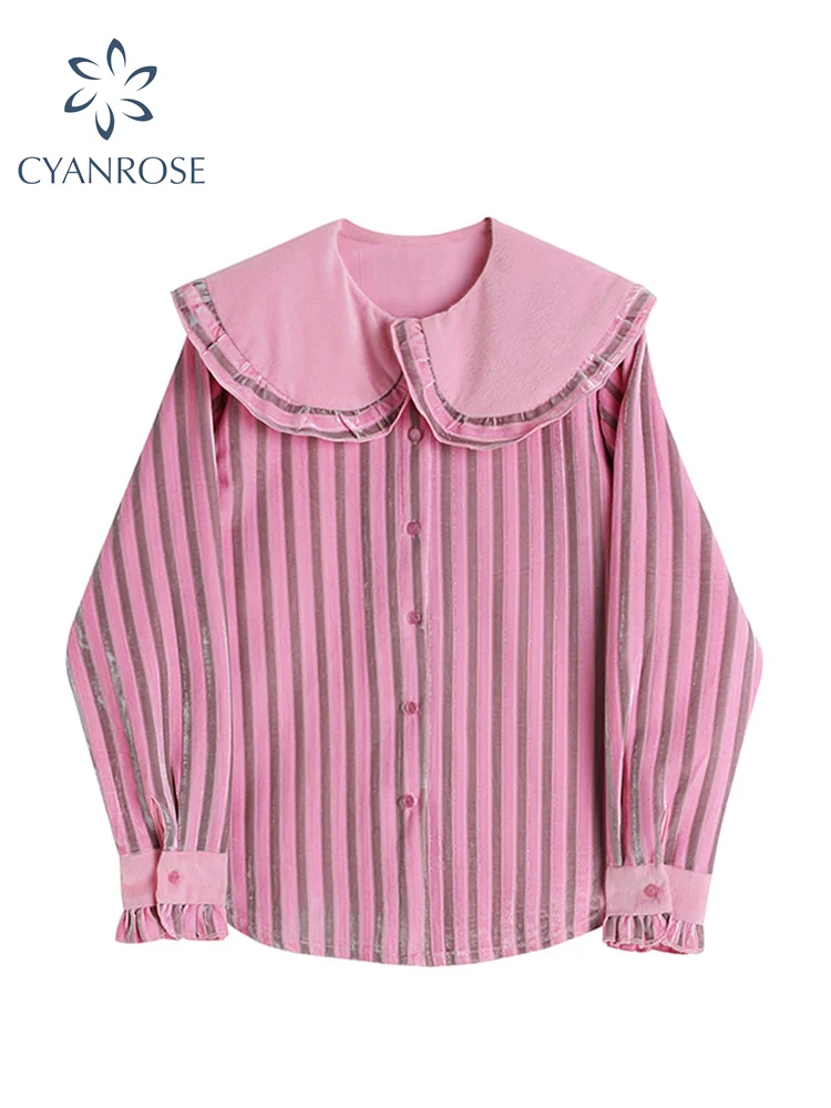 

Женская рубашка с воротником «Питер Пэн», винтажная Повседневная офисная однобортная блузка в полоску с длинным рукавом, весна 2022