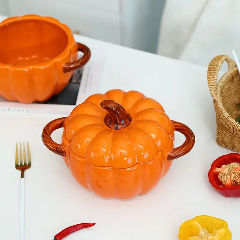 

Ceramic Soup Pot with Lid Creative Pumpkin Ears Soup Bowl Noodle Bowl Home Soup Ramen Bowl Noodle Bowl Salad Bowl