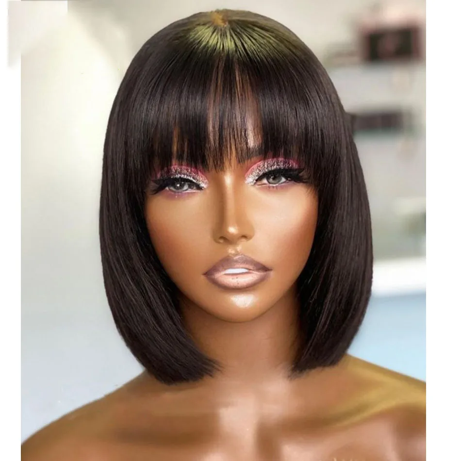 

Парик для косплея, мягкий, безклеевой, натуральный, черный, шелковистый, прямой, короткий, с челкой, для чернокожих женщин, высокотемпературное волокно, повседневный