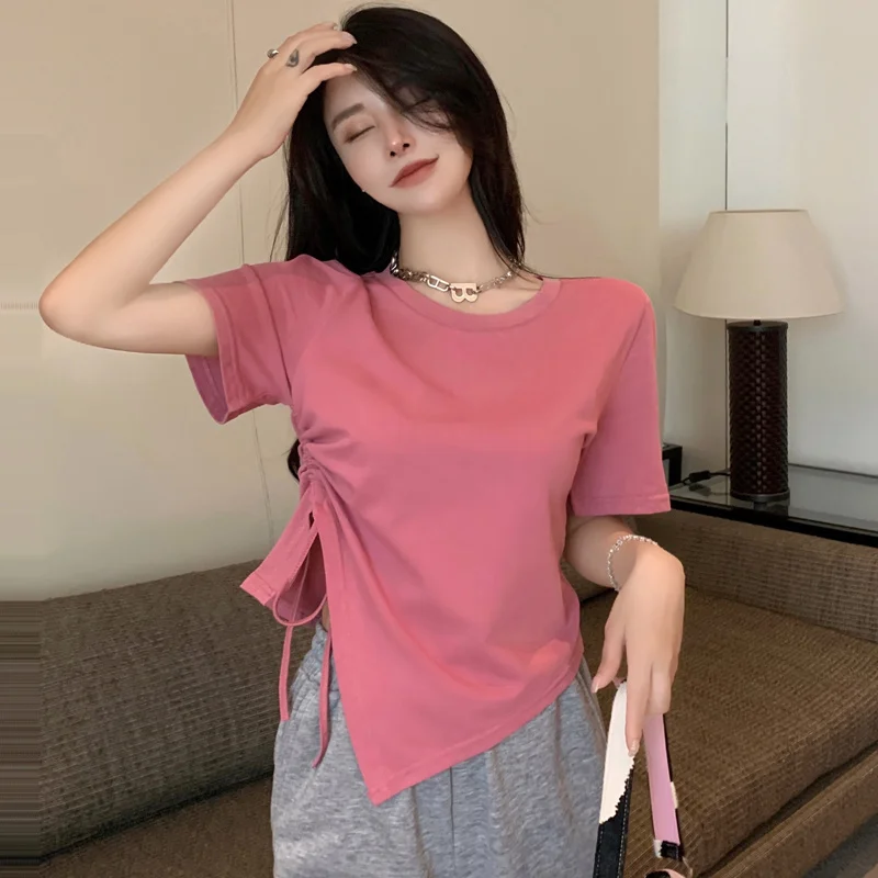 

Женская футболка с коротким рукавом, асимметричная короткая футболка с коротким рукавом и круглым вырезом, в Корейском стиле, весна-лето 2022