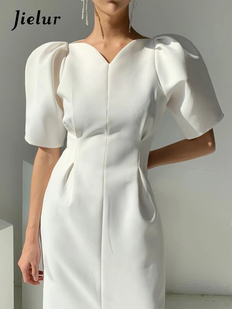 

Jielur Elegant Women Short Puff Sleeve Summer Dress 2022 Korea Style Office Lady One Piece Slim Waist Female Fashion Clothes
