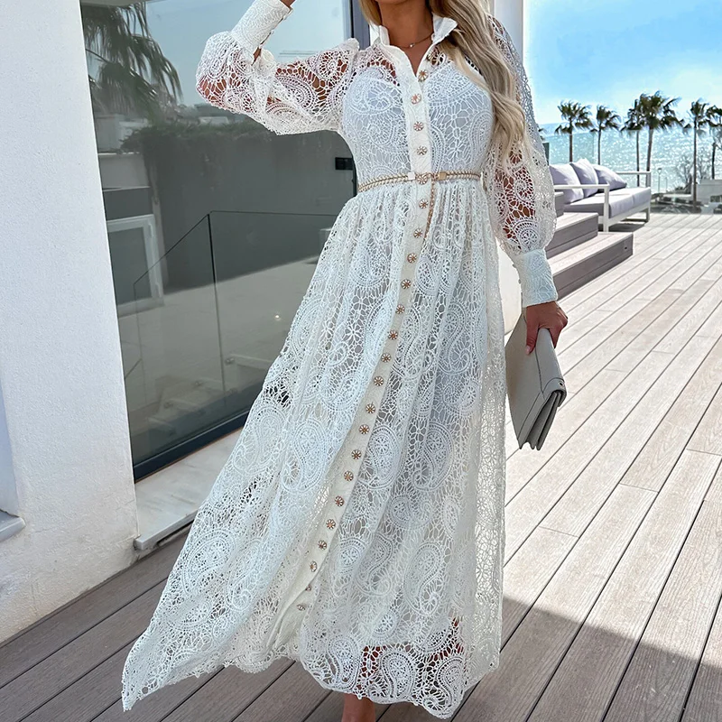 

Женское вечернее платье с вышивкой, однотонное Плиссированное длинное платье с отложным воротником, элегантное ажурное платье-рубашка на п...