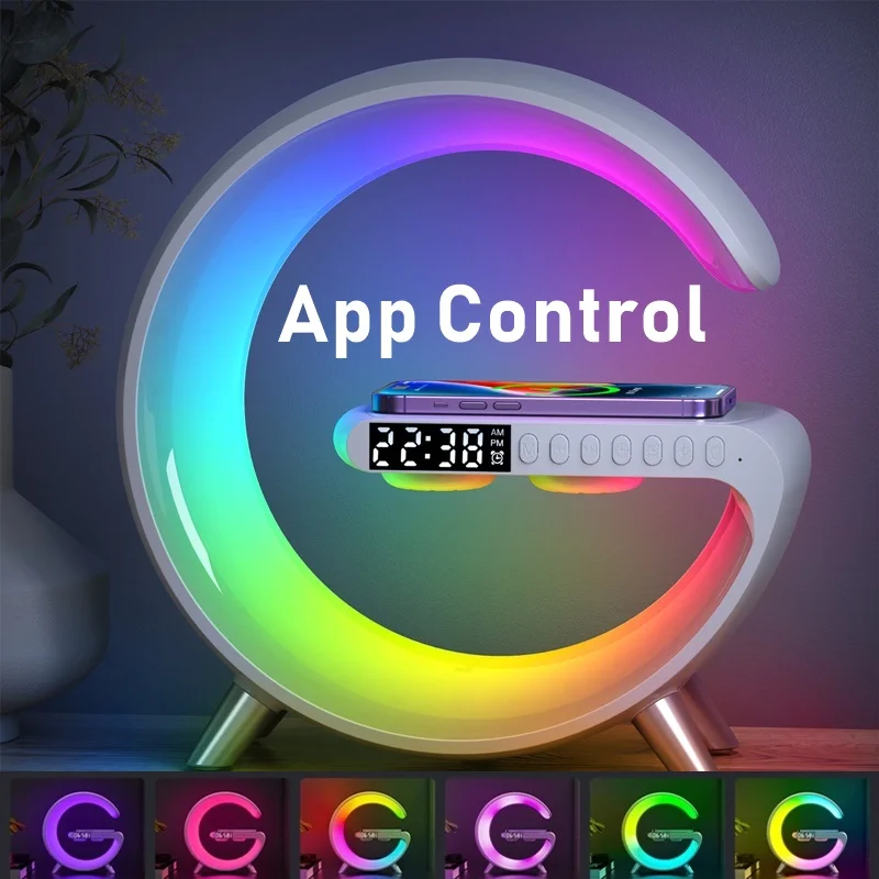 RGB Night Light Multifunctional Wireless Charger Alarm Clock Speaker APP Control Charging Station for Iphone 11 12 13 14 Samsung