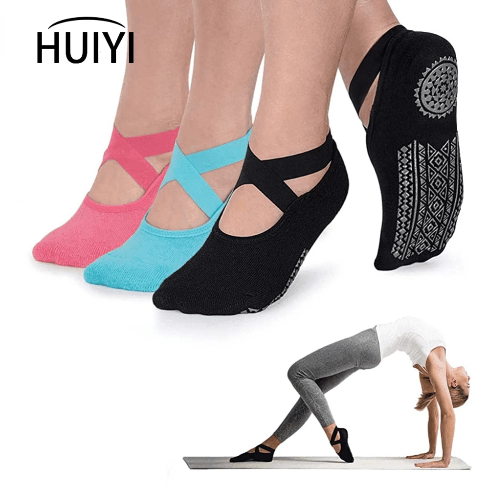 Yoga Socks for Women Non-Slip Grips & Straps, Bandage Cotton Sock, Ideal for Pilates Pure Barre Ballet Dance Barefoot Workout