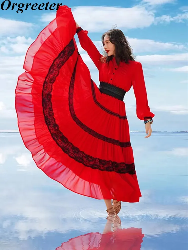 

Платье-Макси женское длинное с длинным рукавом, праздничный винтажный облегающий халат с кружевной отделкой, свободное пляжное платье в богемном стиле, осень