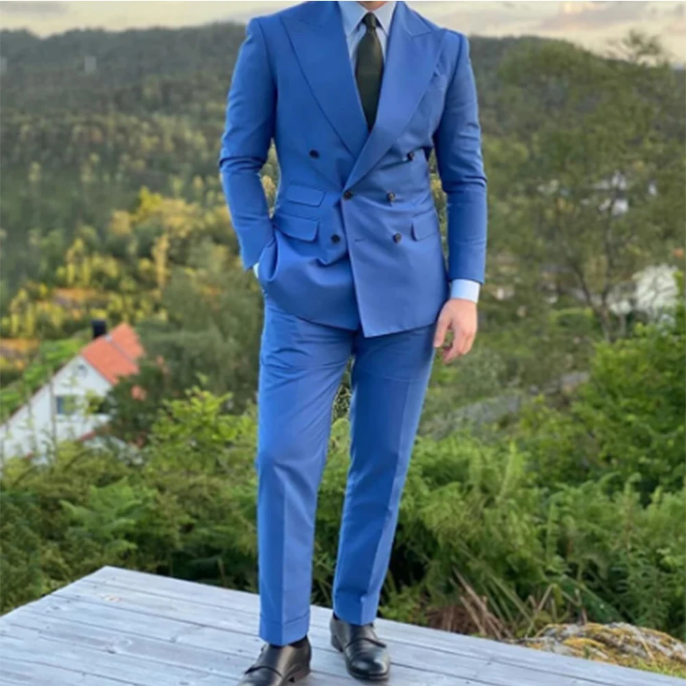 Men Suits 2pc Slim Fit Double-Breasted Blazers Solid Lapel Jacket Pants Sets Business Tuxedo For Wedding Party (Blazer+Pants)