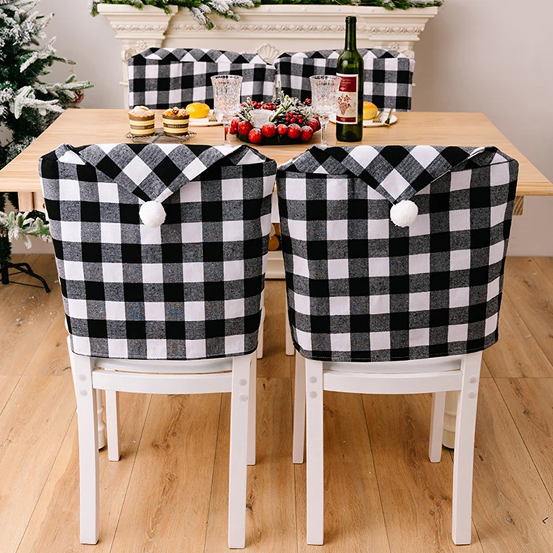 

Christmas Chair Back Cover Black White Plaid Printed Chair Cover Xmas Chair Slipcover Home Kitchen Chair Covers New Year Decor