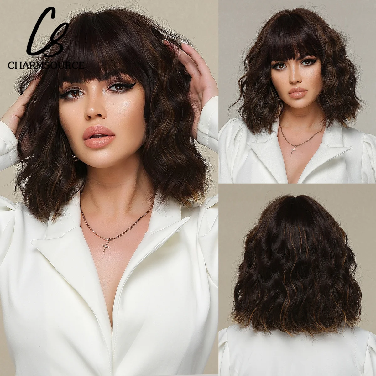 

Bob Wig Natural Wavy Hair with Neat Bangs/Fringe Mixed Black with Brown Curly Wig For Women Synthetic Wigs Daily Party Cosplay