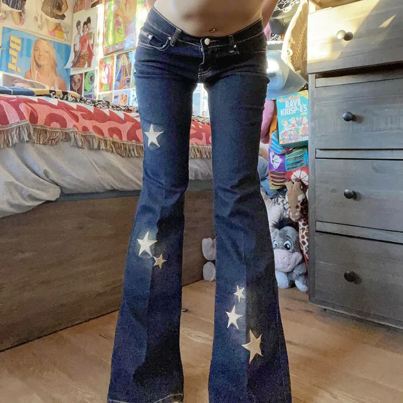 

Star Embroidery Blue Jeans Women 2022 Summer Sexy Low Waist Bell Bottoms Denim Trousers Office Lady Vintage Loose Wide Leg Jeans