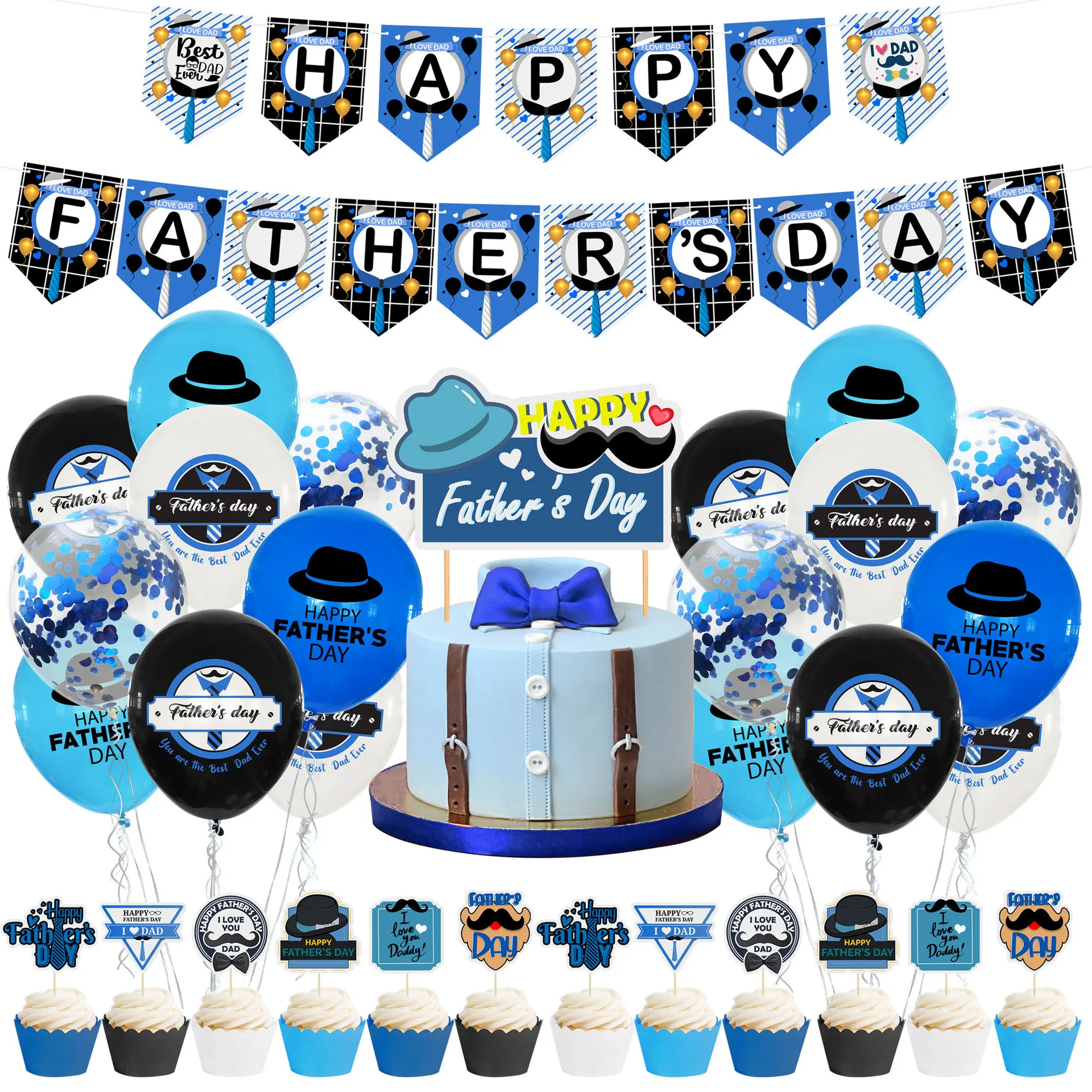 

JOYMEMO Happy Fathday's Day Theme Latex Confetti Balloons Set I Love You Dad Banner Cake Topper Fathday's Day Party Supplies
