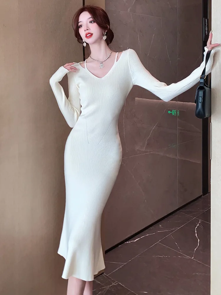 French sle Pure Desire Temperament Slim fit Knitted dress Women New Gyaru Meditation Sweater Dress Design Sense Sheath Skirts