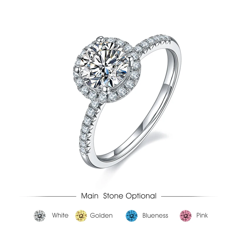 

GEM'S BALLET 925 Sterling Silver Pink Blue Yellow Moissanite Ring Round Cut 6.5mm Moissanite Halo Engagement Ring For Her