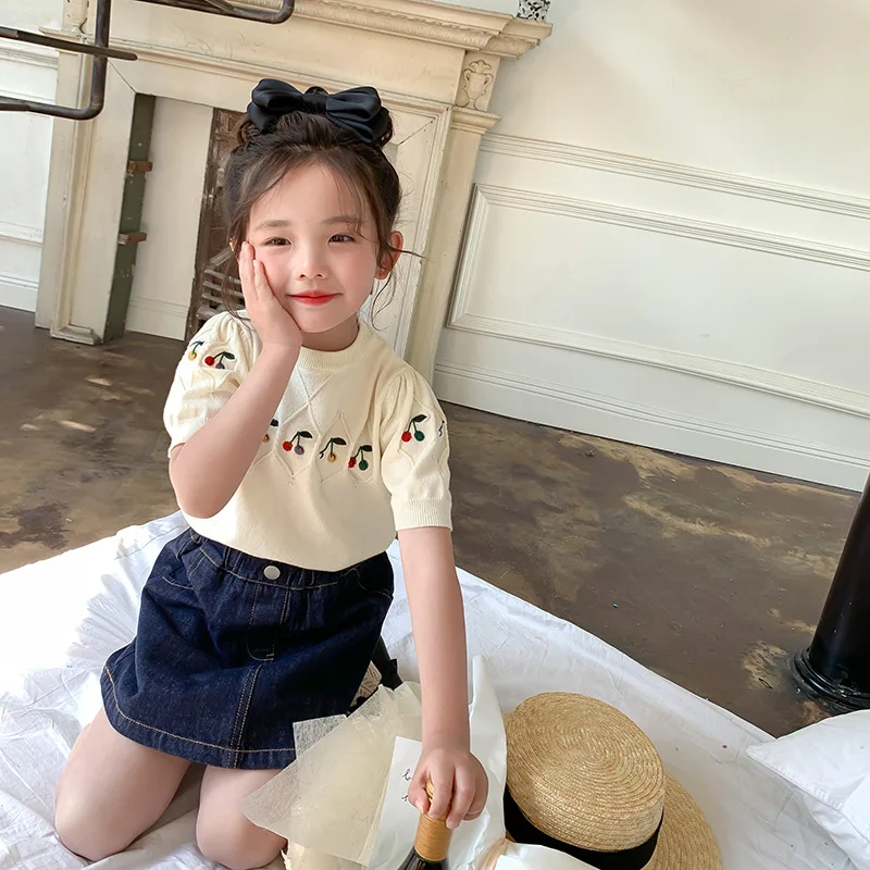 

Children Clothing Girls Shirt Spring Summer French Style Cherry Embroidery Floral Knitted Short Sleeve Denim Skirt Casual Set