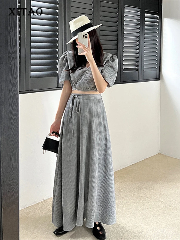 

XITAO Two Piece Set Women Irregular Half Sleeve Drawstring Solid Color Top Elastic Waist Skirt 2022 Summer Minority WLD8442