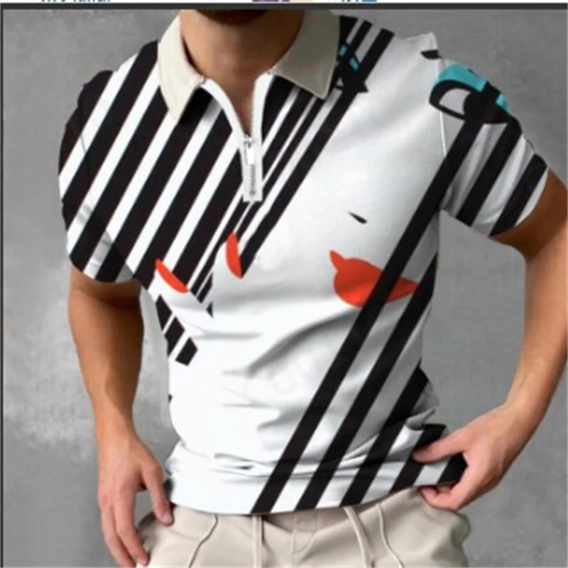 

2022 New Style High Quality Men Polo Shirts Casual Striped 3D Print Homme Polo Shirt Short Sleeve Turn-Down Zipper Collar Polo