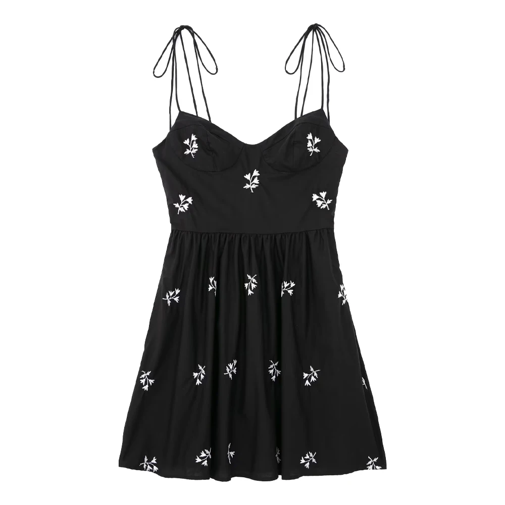 

Women's Flower Embroidered Poplin Lingerie Style Sling Dress New Fashion Side Zipper Open Back Elegant Feminine Chic Mini Skirt