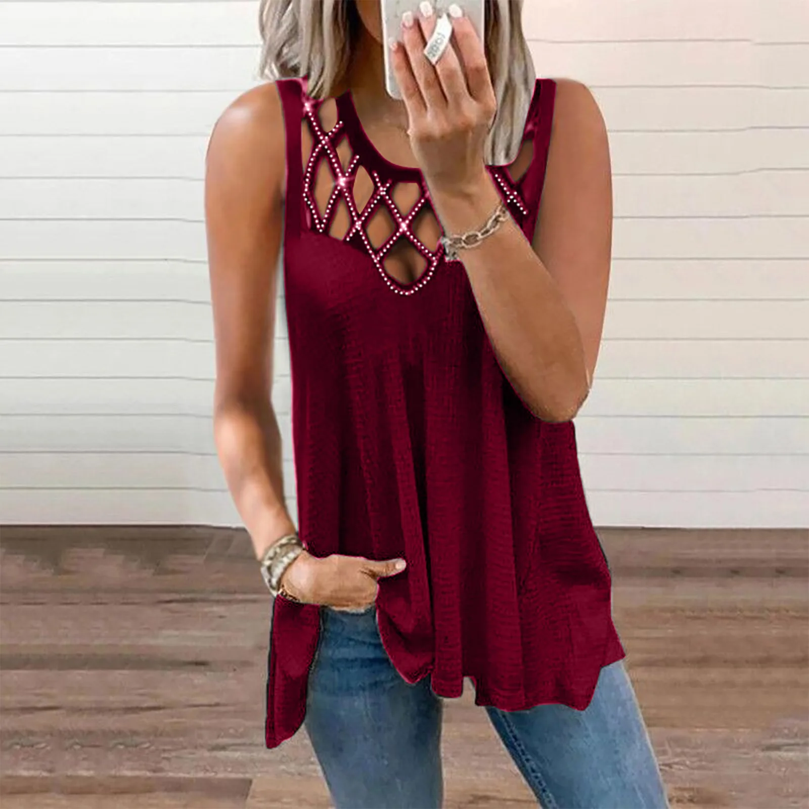 

Summer New Sexy Hollow Hot Drilling Sleeveless Vest Solid Color T-Shirt Women's Casual Top O-Neck Fashion Oversize Tank Tshirts