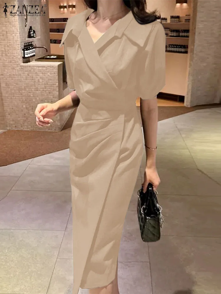 

Элегантное однотонное платье-рубашка, женские офисные платья с коротким рукавом ZANZEA, модное летнее платье, женские Рабочие платья, кафтан с отворотом