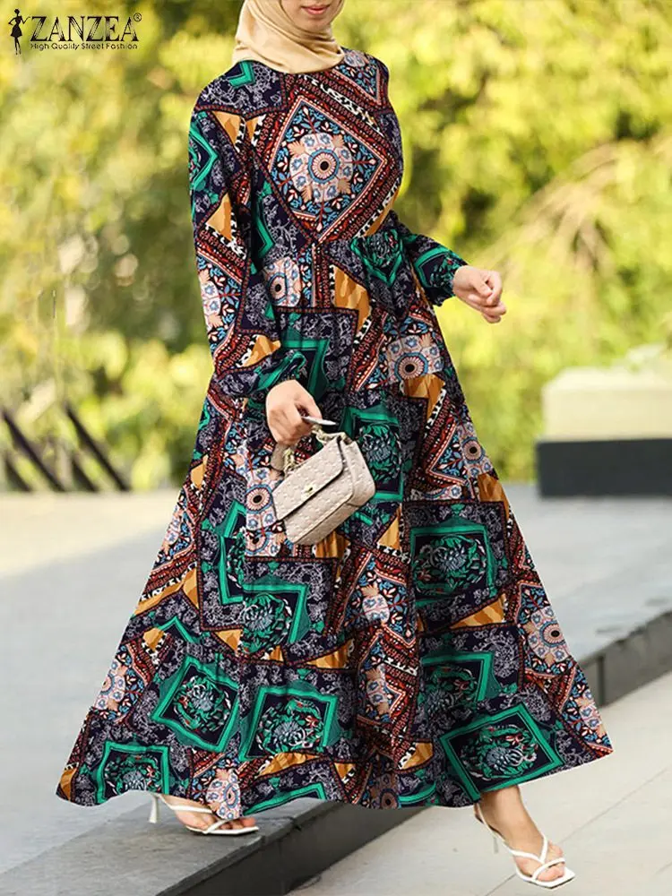 Мусульманское весеннее цветочное женское платье ZANZEA с круглым вырезом и длинным рукавом, винтажный сарафан, элегантная повседневная Празд...