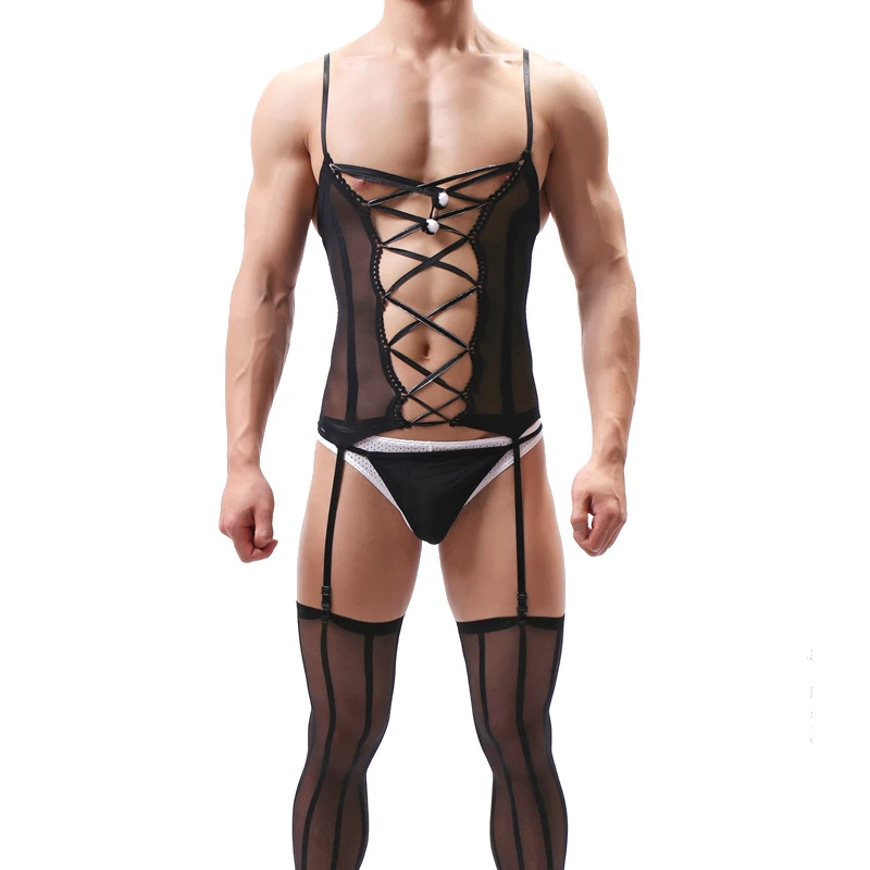 

Mens Sexy Lingerie See Through Sheer Top T-back G-strings Stockings Thong Erotic Costume for Men Nightwear Exotic Apparel