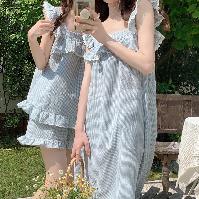 

Kawaii Plaid Blue Summer Nightgown Women Ruffles Sleeveless Lace Cotton Square Collar Night Dress Sweet Sleepwear Homewear