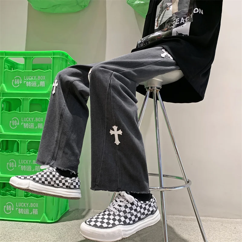 Hip-hop Men's Y2K Black Jeans Wide Baggy Printed Denim Pants For Women Straight Trousers Teachwear Streetwear