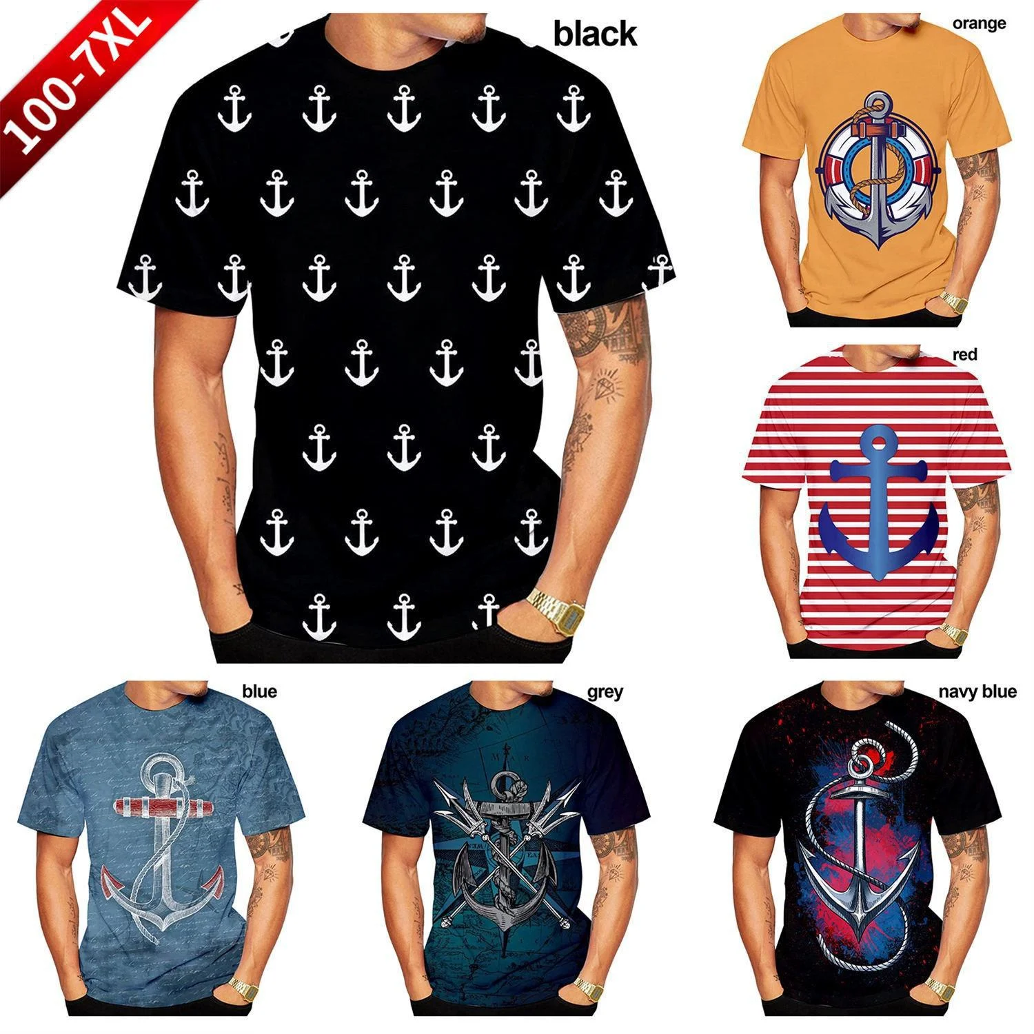

Футболка мужская оверсайз с круглым вырезом и коротким рукавом, модная рубашка в стиле Харадзюку, топ с 3D-принтом кораблей, якорей, одежда в стиле хип-хоп