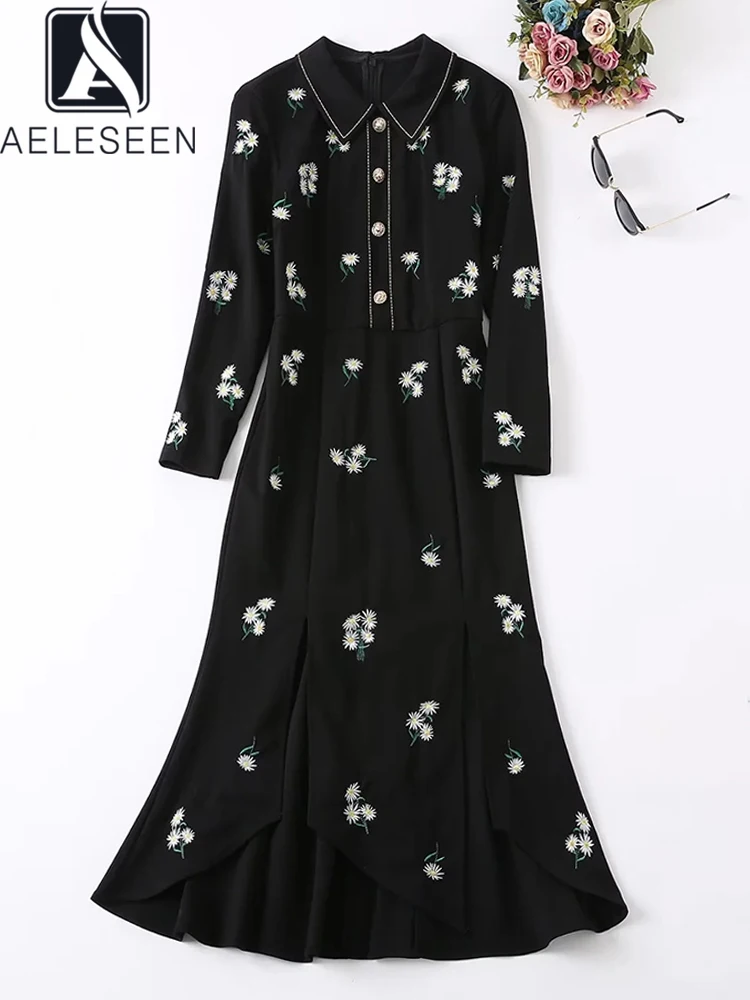 

Женское платье с длинным рукавом AELESEEN, черное платье с цветочной вышивкой и отложным воротником на осень и зиму