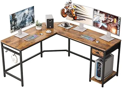 

Shaped Computer Desk with Drawer and Shelves, 59"Large Corner Desk with 2 Hooks, Gaming Desk Modern Office Desk Writing Stud