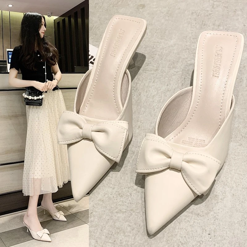 

Solid Leather Fashion Shoes Bow Knot Woman Shoes High Heels Sexy Slides Cover Pointed Toe Summer Slipper Women Shoes Plus Size