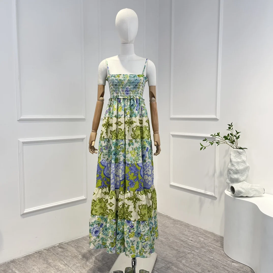 

2023 Linen Top Quality New Summer Vintage Green Floral Printing Shirred Frill Woman Midi Dress for Holiday