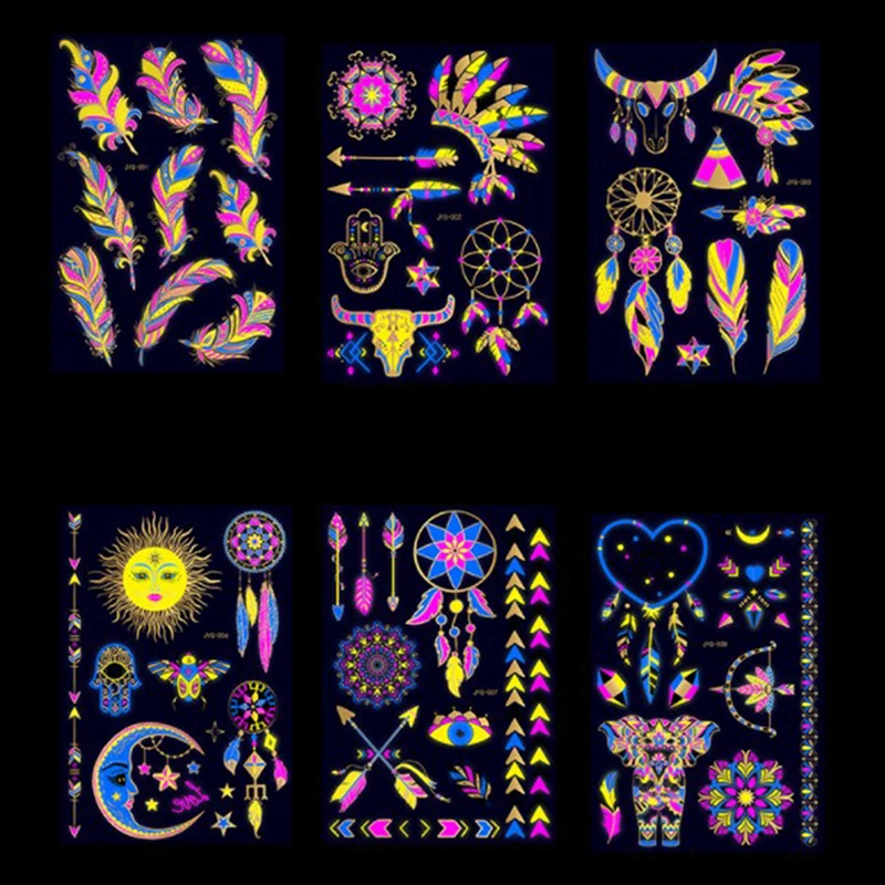 

Waterproof Lasting Tattoo Personality Fluorescent Bronzing Color Feather Flower Arm Tattoo Stickers