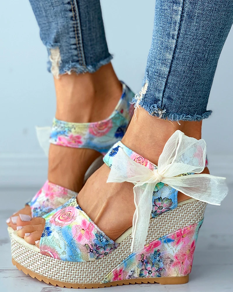 Women Fashion Summer Casual Daily Wear Shoes Floral Pattern Print Bowknot Decor Espadrille Wedge Sandals