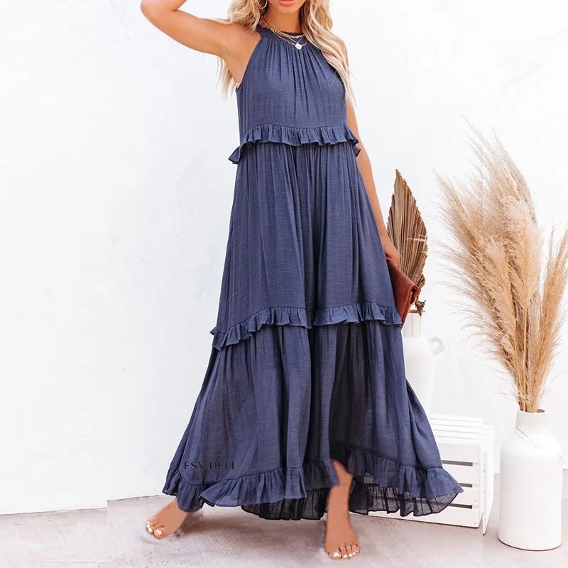 

Holiday Beach Dress Summer Women Halter Ruffles Maxi Long Party Dresses Ladies Elegant Solid Color Off the Shoulder Casual Dress
