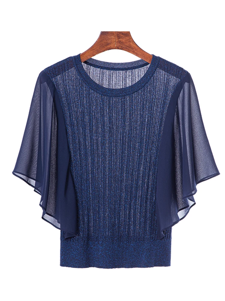 Вязаная женская тонкая шифоновая рубашка топ с короткими рукавами летучая мышь