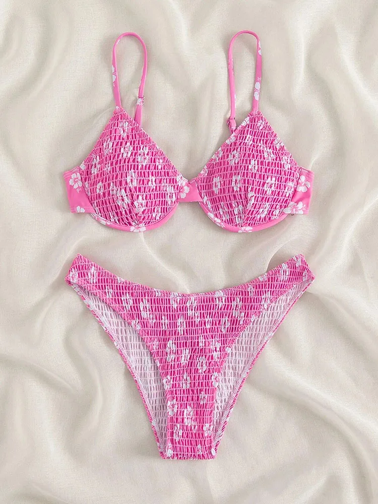 

Женское бикини с цветочным принтом, сексуальный купальник на косточках, бандажная пляжная одежда, купальники с низкой талией, летний купальный костюм, 2 предмета, 2023 г.