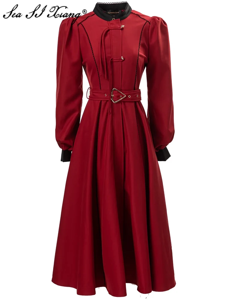 

Женское дизайнерское однобортное платье Seasixiang, винтажное однотонное платье с воротником-стойкой, рукавами-фонариками и поясом для ранней осени