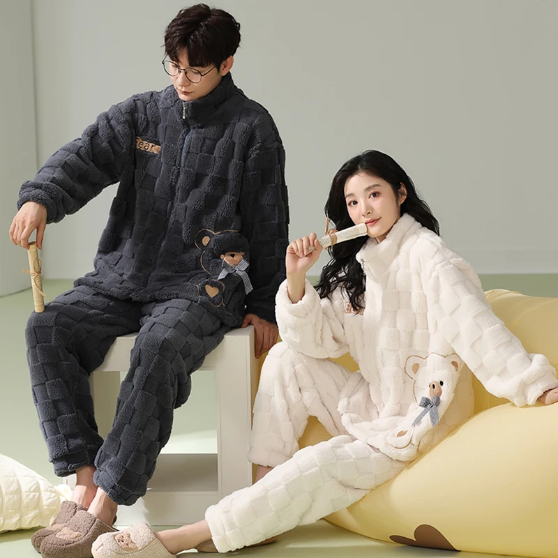  Coral Fleece Couple Pajamas Men's Winter Thickened Warm Homewear 2024 New Women plus Velvet