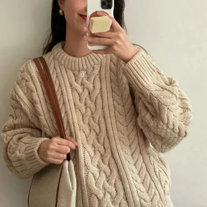 Винтажный вязаный свитер женский пуловер свободный крой мягкая верхняя одежда