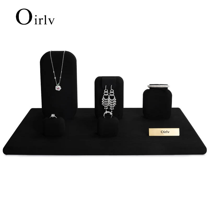 

Oirlv Luxury Black Microfiber Counter Jewelry Display Set for Ring Necklace Earrings Bangle Jewelry Shop Exhibition Props